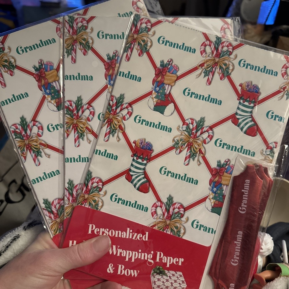 3 VTG Holiday Christmas Wrapping Paper & Pull Bow Personalized GRANDMA Stravina